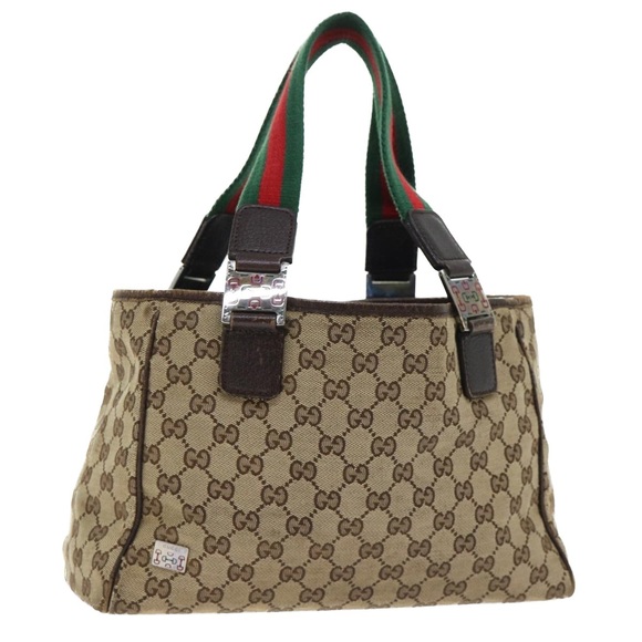 GUCCI GG Canvas Web Sherry Line Hand Bag Canvas Leather Beige Green Auth 53681 - Picture 1 of 16